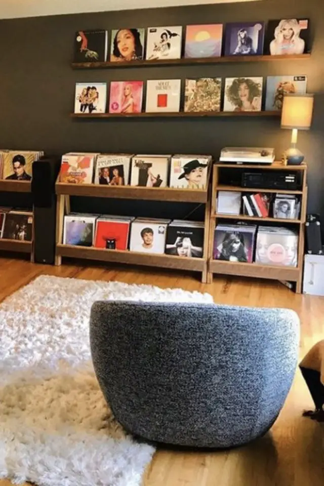 exemple decoration meuble platine vinyle espace musique salon séjour album tourne-disque