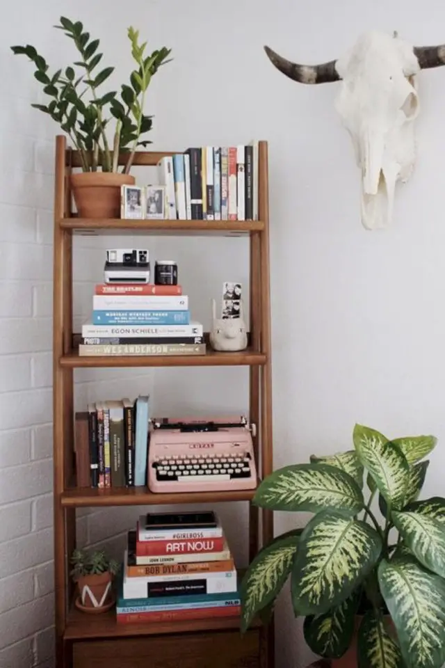 petit meuble rangement livres exemple mobilier bibliothèque petit modèle bois machine à écrire plantes vertes
