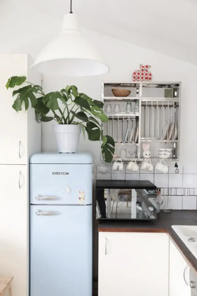 amenagement petite cuisine frigo avec congélateur style rétro bleu pastel plantes étagères indiennes