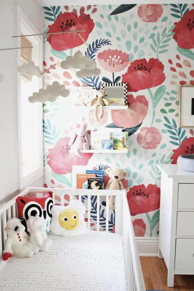 chambre fille papier peint fleur moderne bébé couleur bleu et rouge grand format