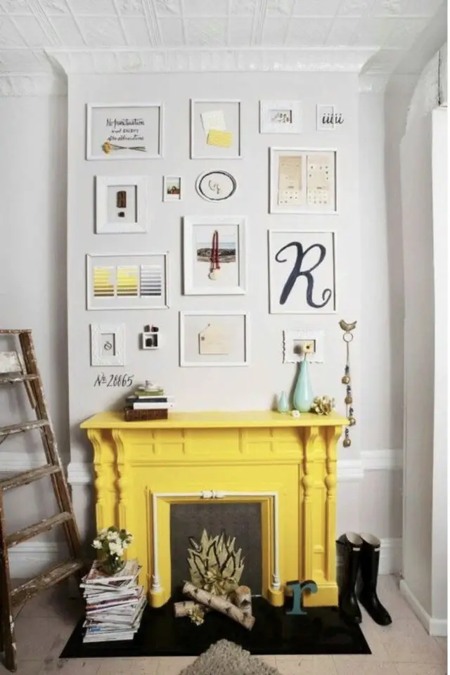 couleur peinture originale cheminee classique chic jaune franc et blanc mise en lumière