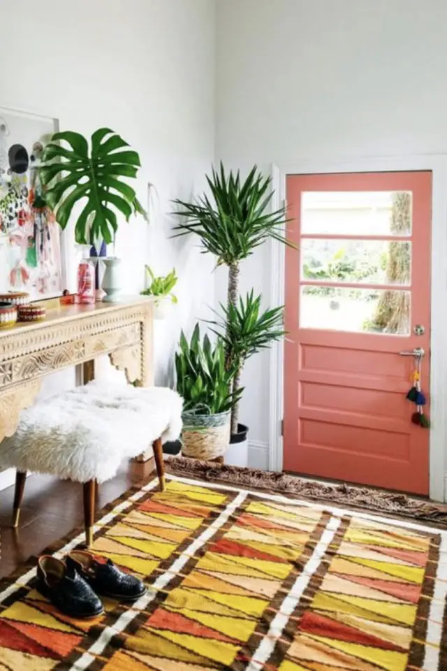 exemple entree hyper coloree porte couleur rose tapis orange et jaune plantes vertes