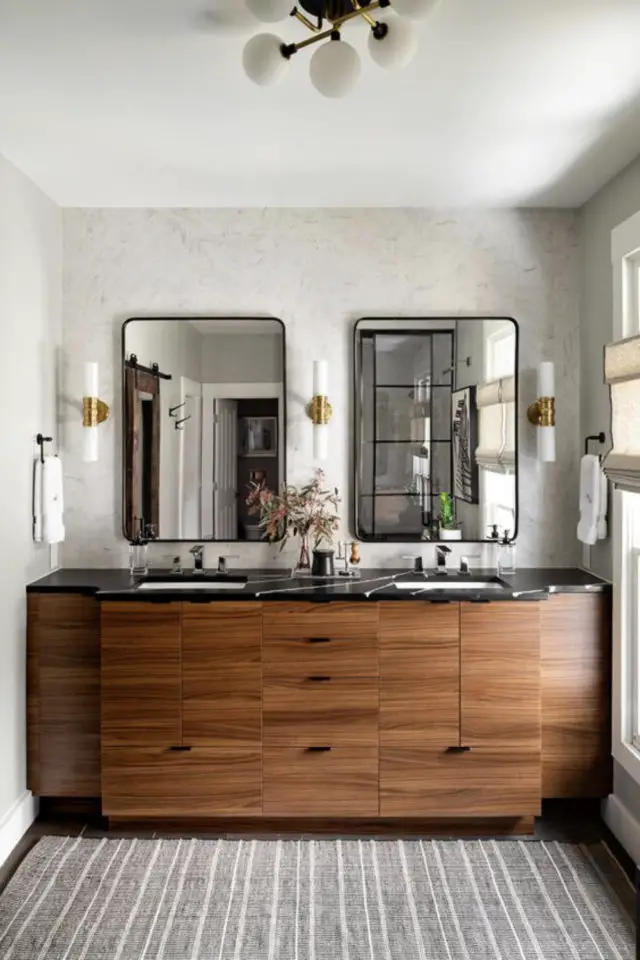 salle de bain masculine exemple double vasque meuble vasque bois miroir barbier
