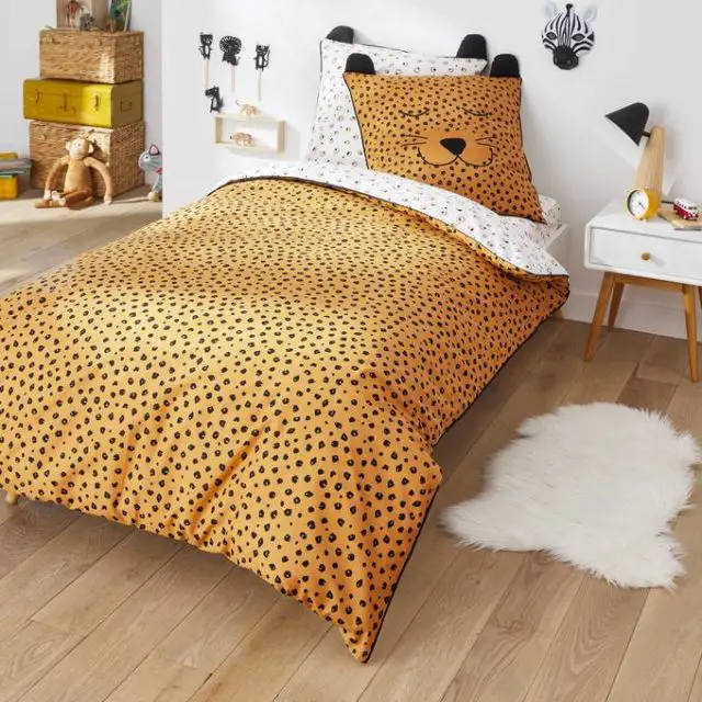deco meuble chambre enfant colore Housse de couette en coton biologique, Lucien couleur moutarde lion tigre jungle