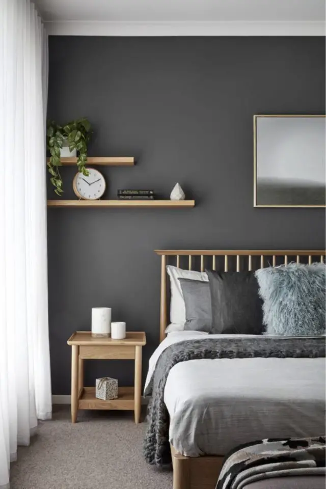 exemple chambre adulte scandinave 2022 contraste entre bois et gris étagère mobilier simple