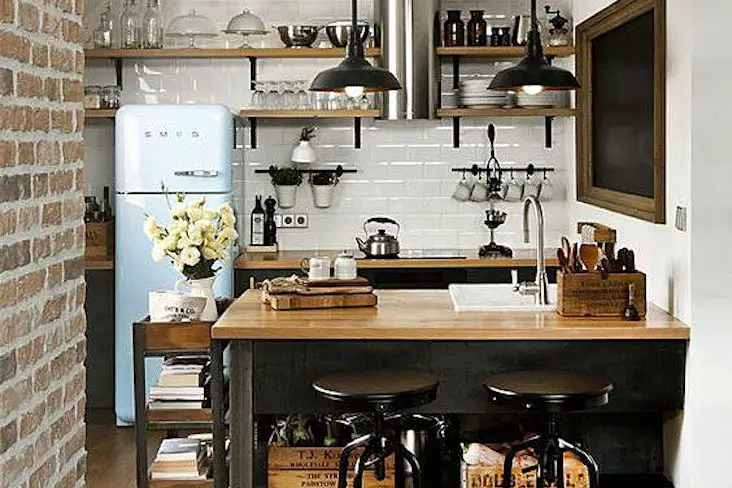 idee deco cuisine masculine style vintage industriel bois brique noir