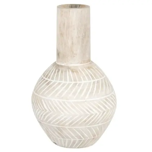 style scandinave decoration pas cher Vase en manguier à motifs gravés blancs H20
