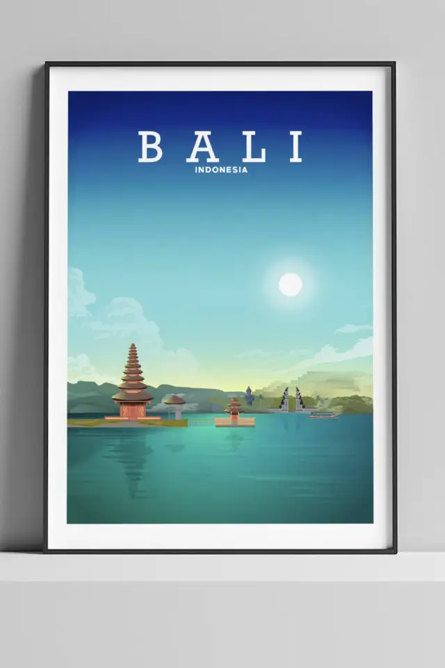 Ou trouver poster vintage voyage Indonésie Bali pagode océan soleil plage