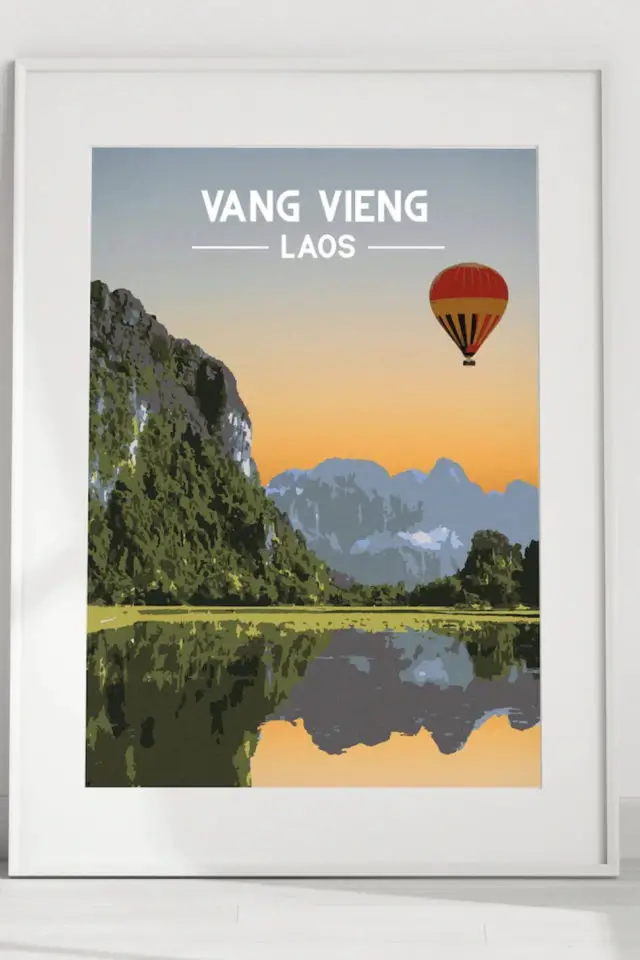 Ou trouver poster vintage voyage Laos affiche paysage Vang Vieng montgolfière 