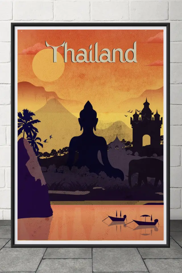 Ou trouver poster vintage voyage  Thailande affiche bouddha coucher de soleil 