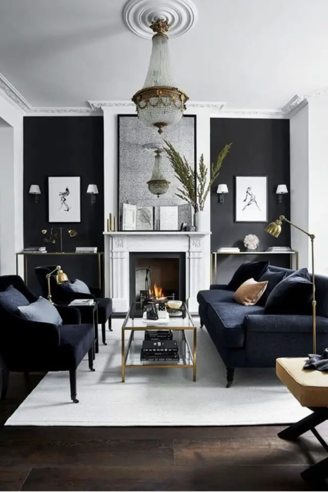 couleur noir deco salon exemple cheminée blanche peinture mobilier canapé élégant