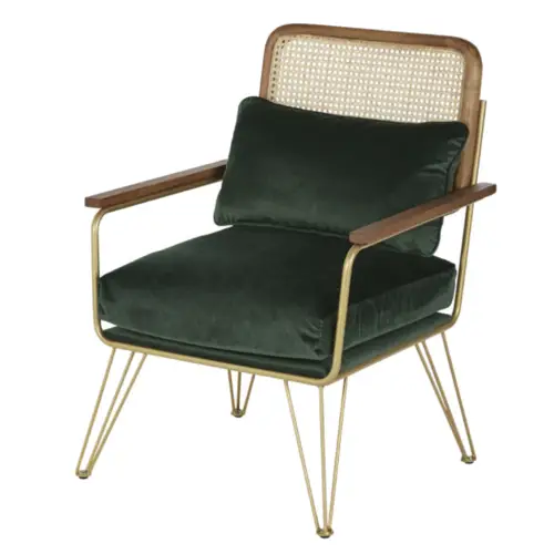 deco meuble style nature moderne Fauteuil en velours vert cannage en rotin