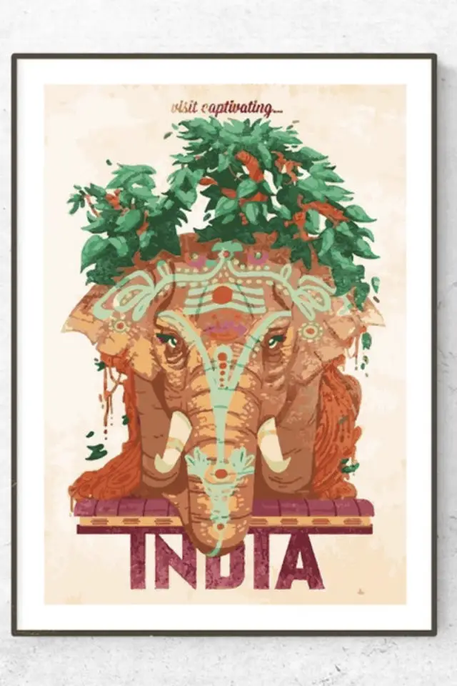 ou trouver affiche vintage voyage inde dessin éléphant nature sud décoration
