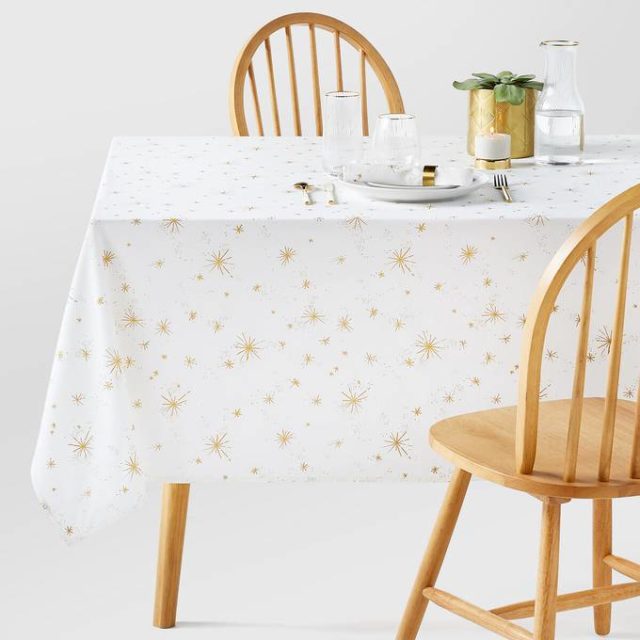 table noel blanc et or Nappe imprimée coton lavé motif festif