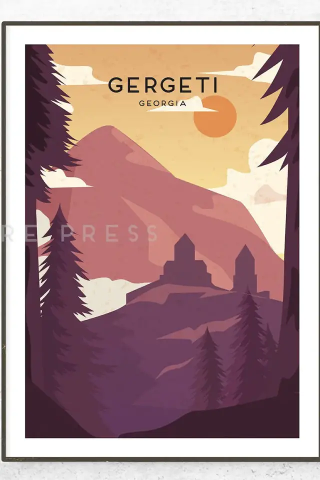 Ou trouver affiche voyage Géorgie Gergeti montagnes neige