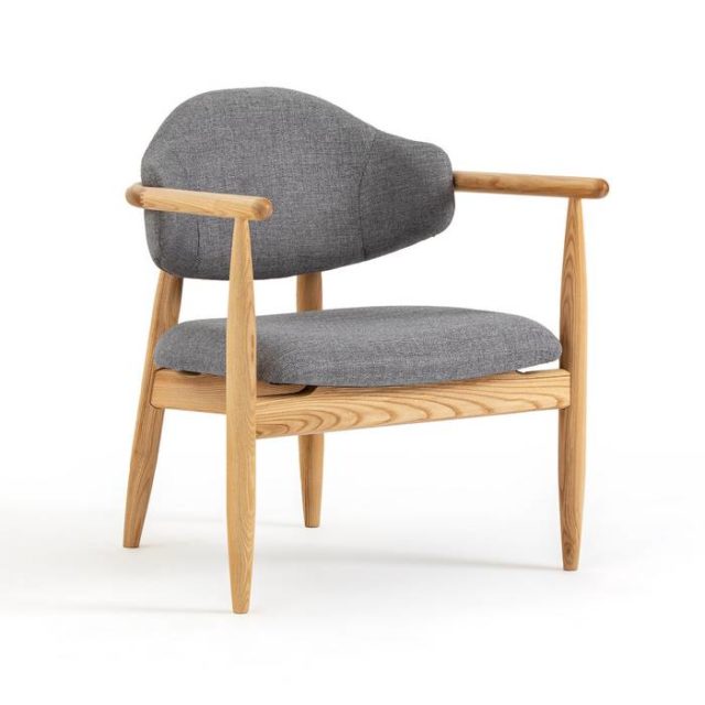 deco minimaliste chaleureux soldes Fauteuil vintage en frêne et tissus gris