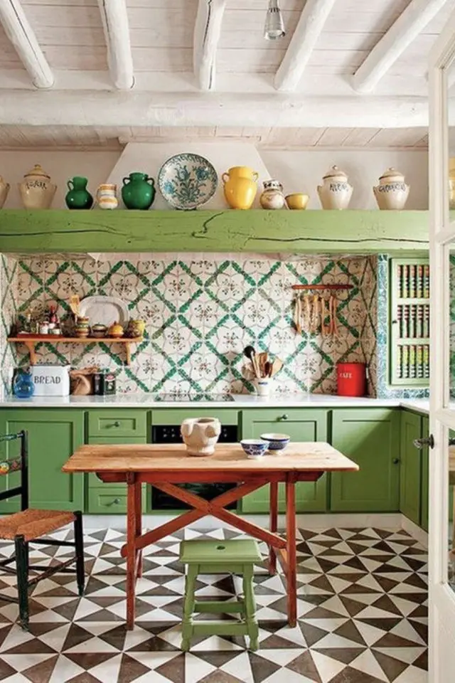 exemple credence cuisine couleur vert ancien géométrique dessus plan de travail