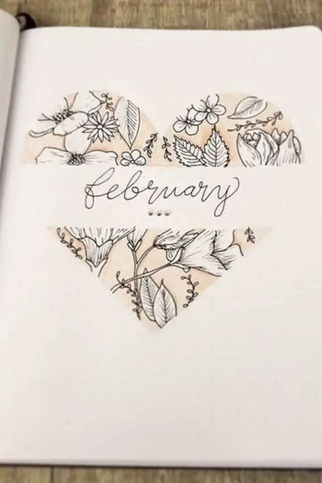 page de garde bullet journal fevrier saint valentin coeur plantes fleurs original