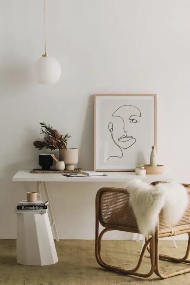petit bureau decoration moderne idee style minimal contemporain fauteuil cannage affiche line art