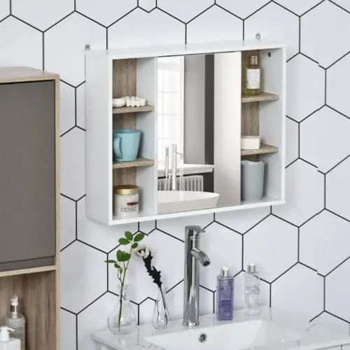 relooking salle de bain pas cher Miroir salle de bain placard étagères blanc chêne clair