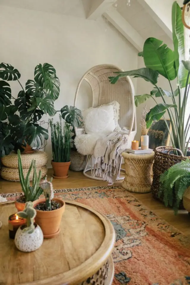 exemple decoration moderne plante interieure salon bohème rotin osier fauteuil suspendu oeuf