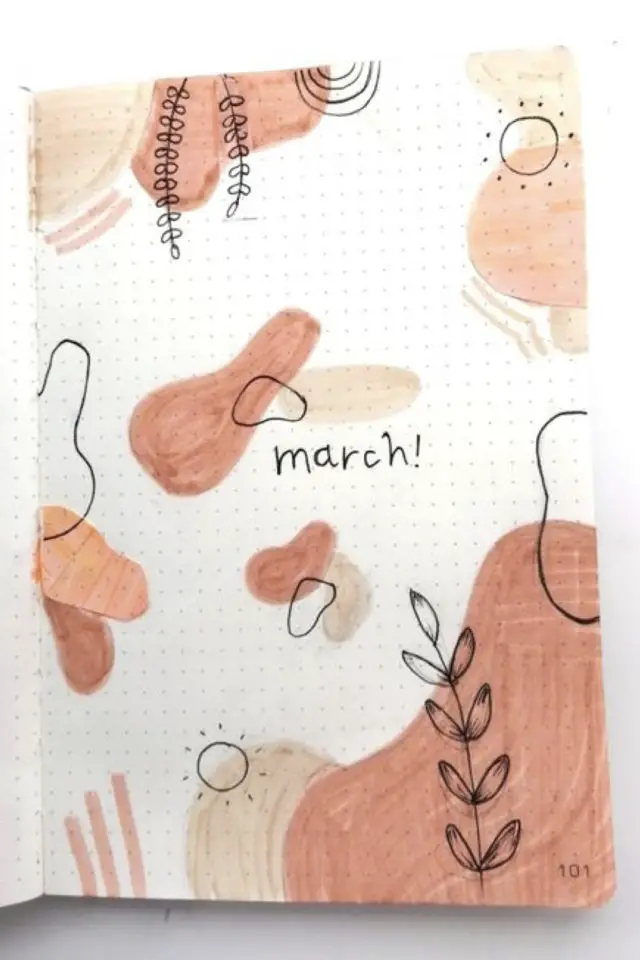 exemple page garde bullet journal mars style tendance terracotta plantes formes organiques