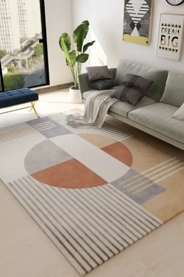 exemple tapis couleurs naturelles salon moderne motif géométrique teracotta ocre jaune gris