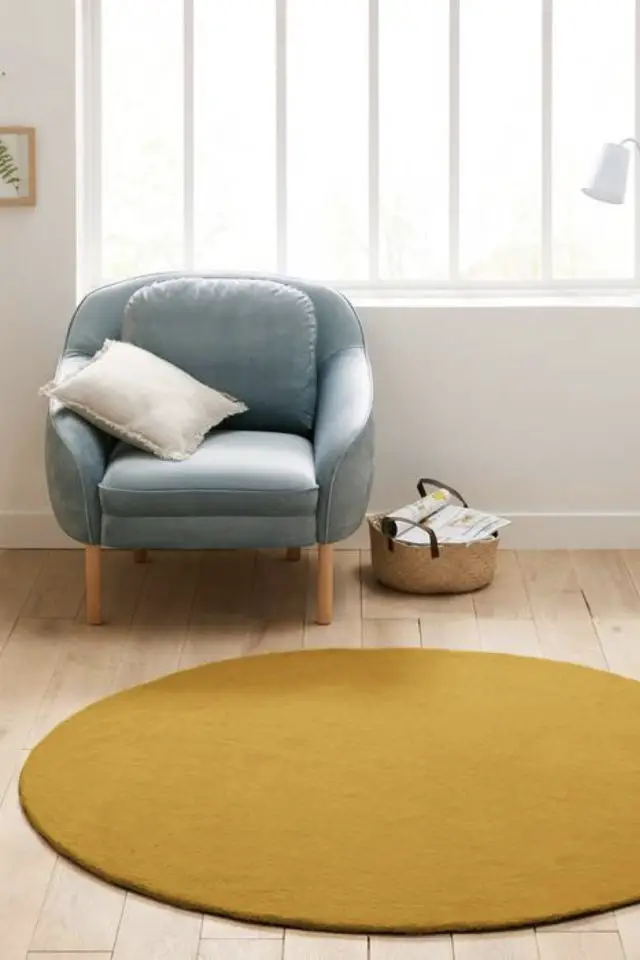 tapis moderne couleur organique Tapis rond, coton tufté, Renzo, grand modèle ocre jaune