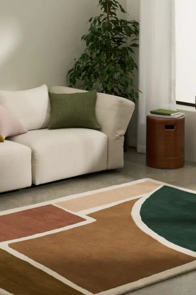 tapis tendance couleur organique naturelle Grand tapis en laine tufté main 160 cm x 230 cm, orange vert rose terracotta