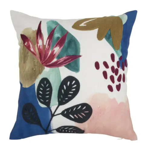 coussin motif couleur printemps exemple Housse de coussin en coton bio motifs aquarellés et broderie multicolores 40x40 végétal tropical