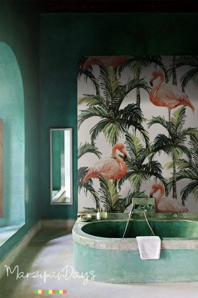 exemple papier peint flamant rose decoration salle de bain tropicale vert blanc rose