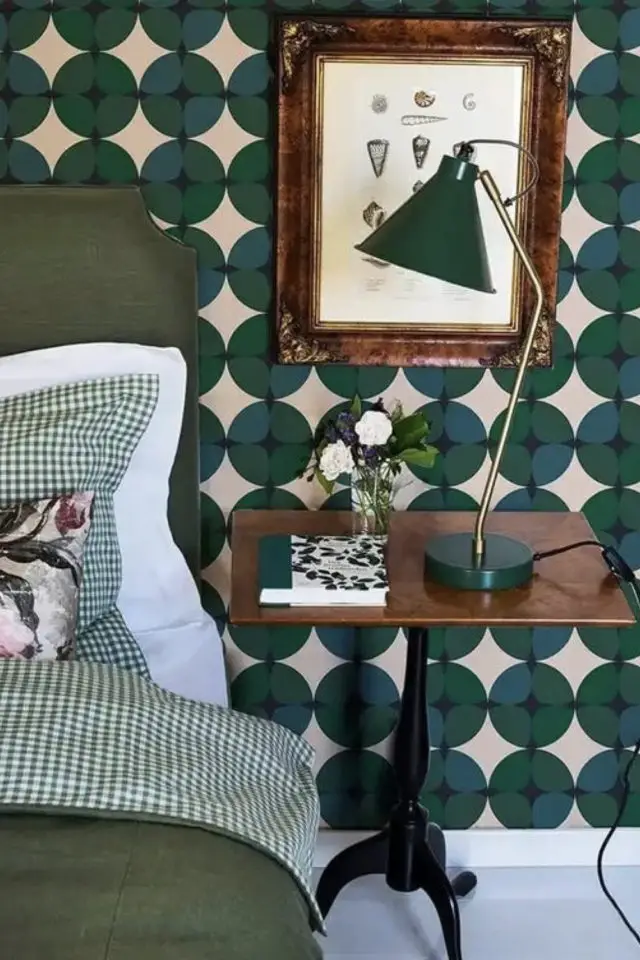 exemple papier peint vert retro vintage motif cercle ambiance mid century modern chambre à coucher