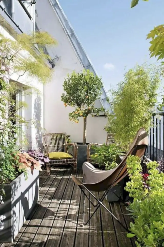 idee a copier balcon jardinière fleure arbre fruitier en pot hamac