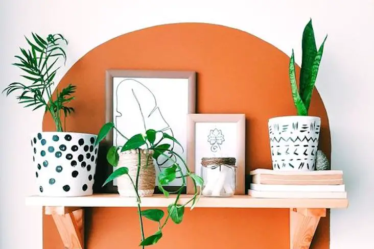 idee deco moderne arche peinture couleur orange terracotta étagère bois plantes vertes décor mural cadres