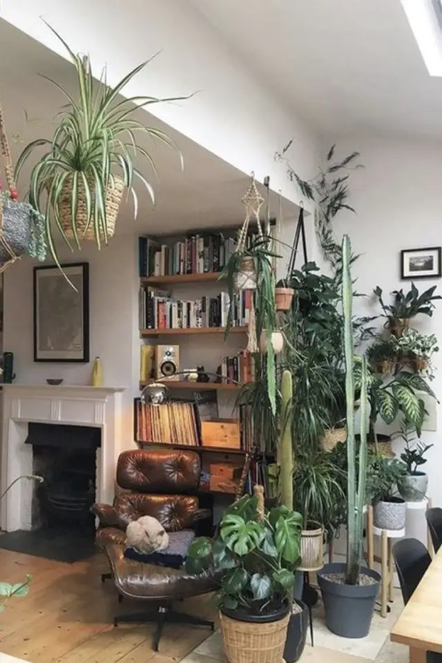interieur moderne deco plantes exemple salon séjour meuble buffet vaisselier vintage  cactus mise en scène