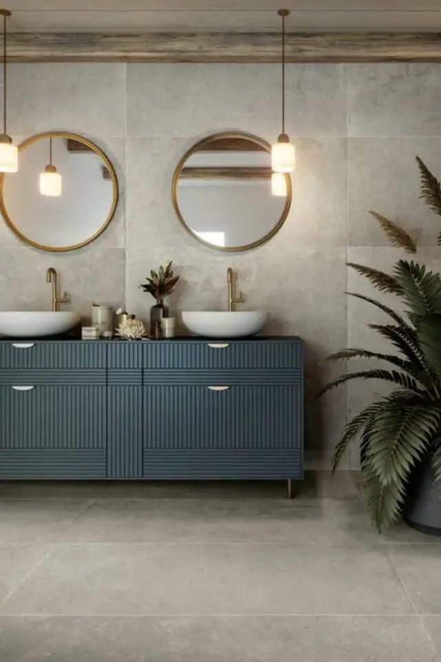 luminaire minimaliste salle de bain suspension symétrie meuble double vasque 2 miroir rond