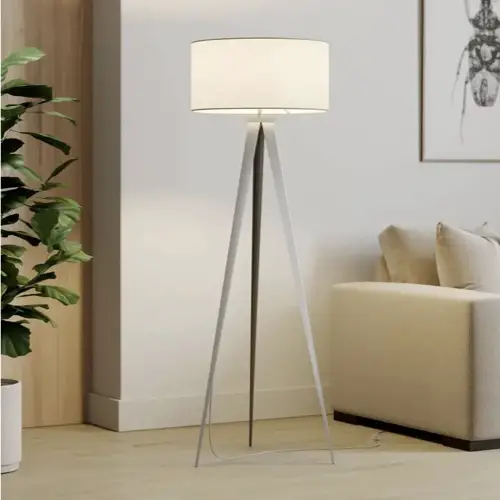 ou trouver luminaire style minimaliste Lampadaire textile moderne Benik pied métal gris abat-jour blanc rond