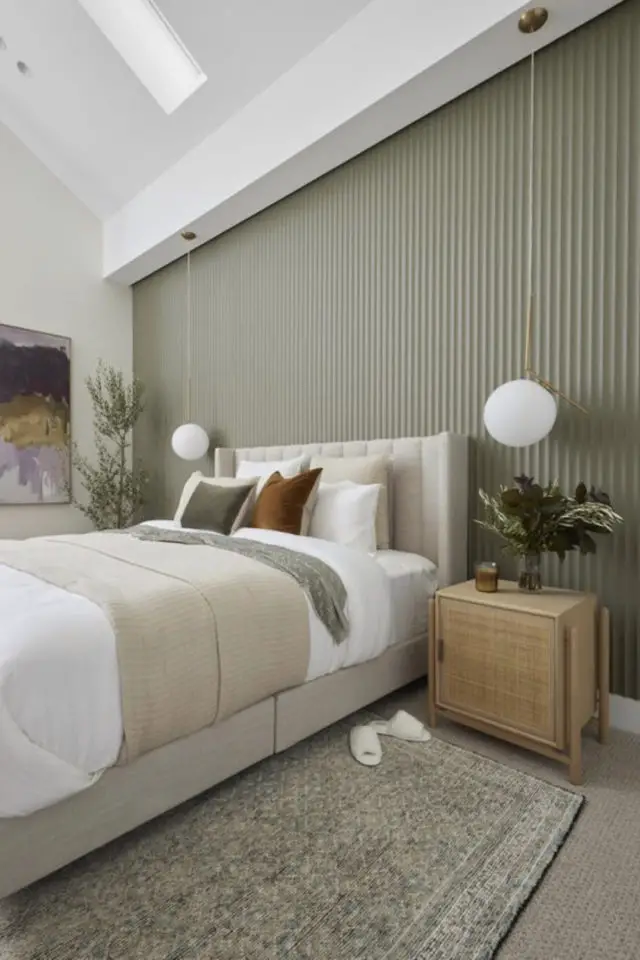 relooker chambre adulte exemple mansarde mur accent vert sauge lambris moderne épuré lustre pendant table de chevet bois