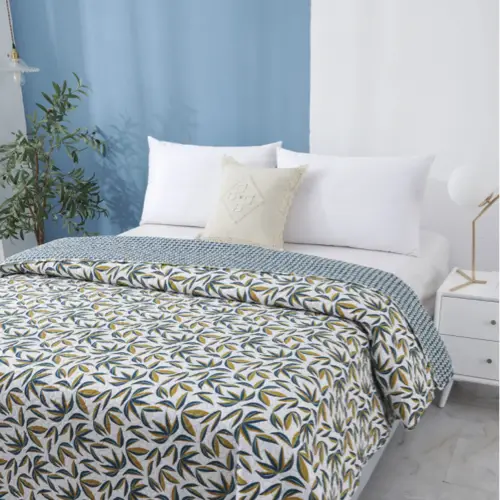 relooker chambre adulte idee Dessus de lit imprimé tropical polyester bleu canard 220x240cm