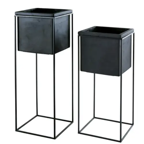 balcon moderne accessoire deco meuble Cache-pots en fibre de verre et métal noirs H78 (x2)