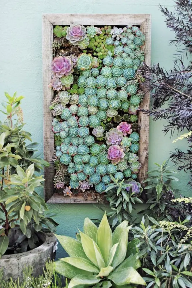 exemple diy recup jardin décor mural succulentes tendance mur végétal
