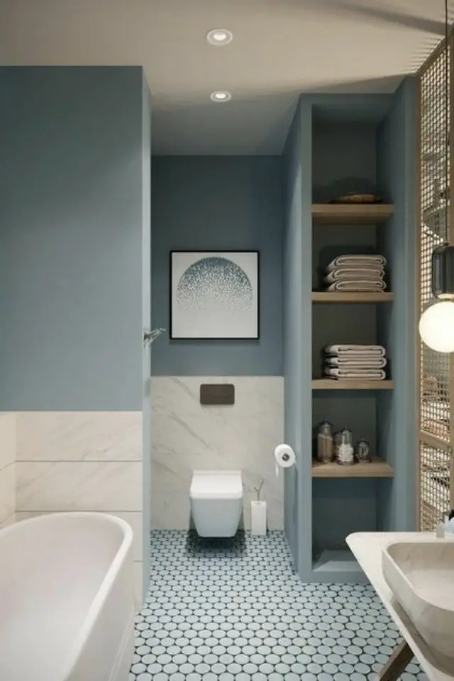 exemple petite salle de bain bleu vert peinture bleu pastel calme douceur
