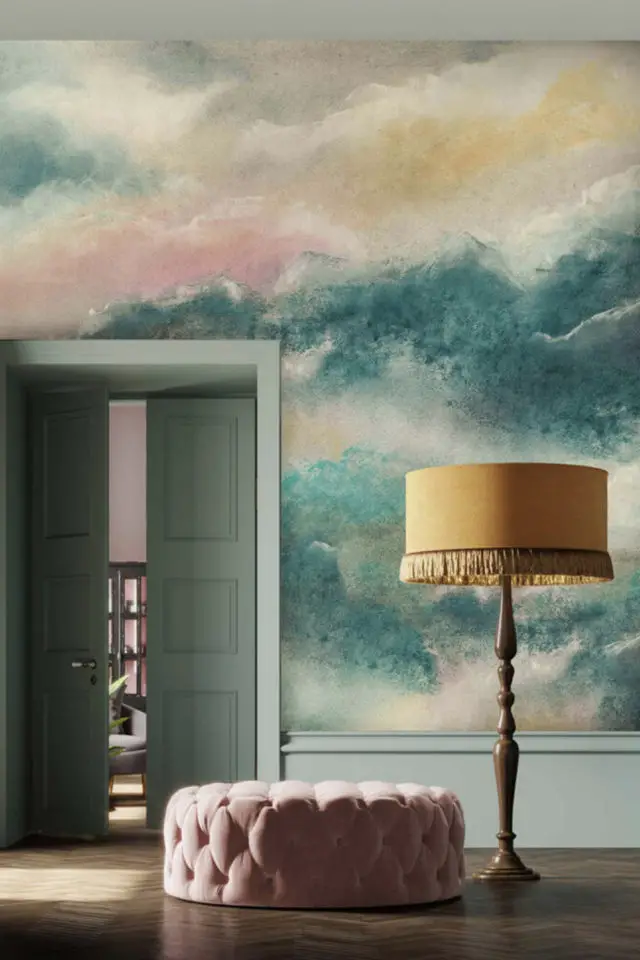 fresque murale papier peint ciel vintage nuage multicolore vert jaune bleu rose vert