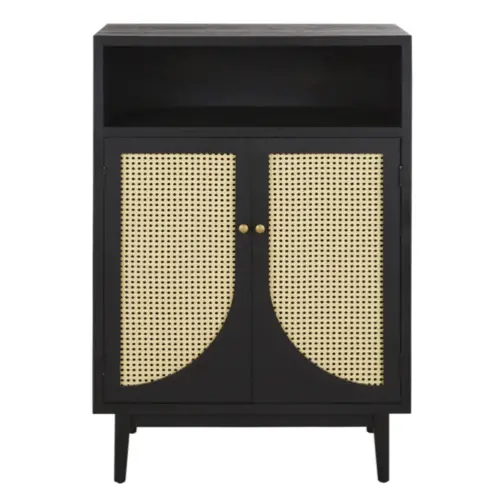 interieur masculin accessoire decoration Cabinet de rangement vintage 2 portes noir et cannage en rotin