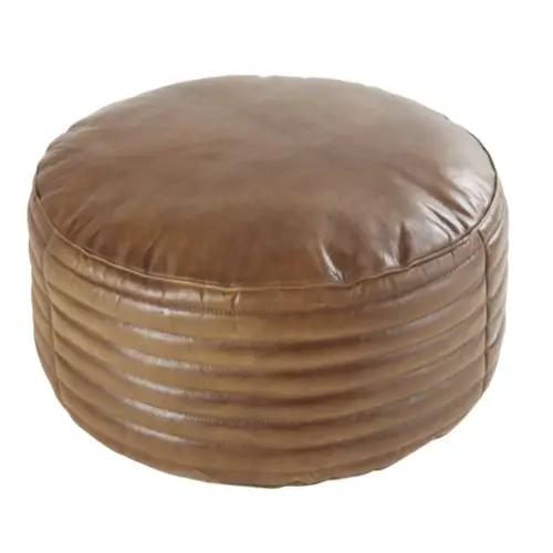 interieur masculin accessoire decoration Pouf rond en cuir de chèvre matelassé marron