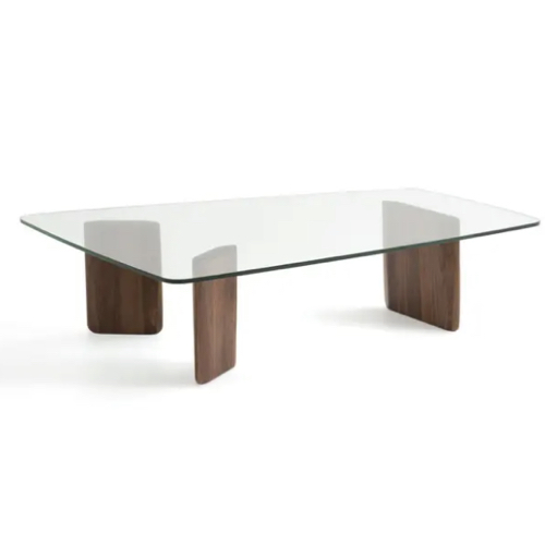 meuble deco style vintage annee 50 Table basse noyer massif plateau en verre forme originale