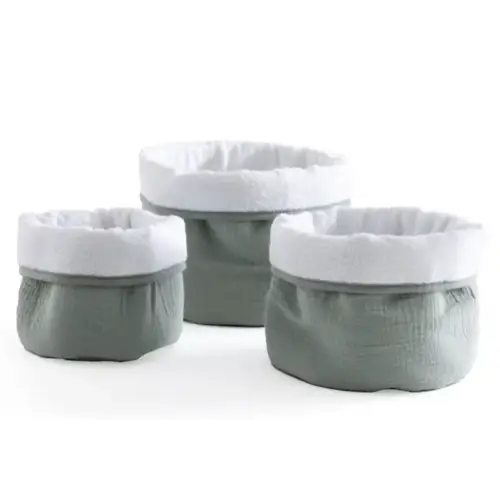 ou trouver boite rangement coiffeuse Lot de 3 paniers en gaze de coton blanc et vert de gris