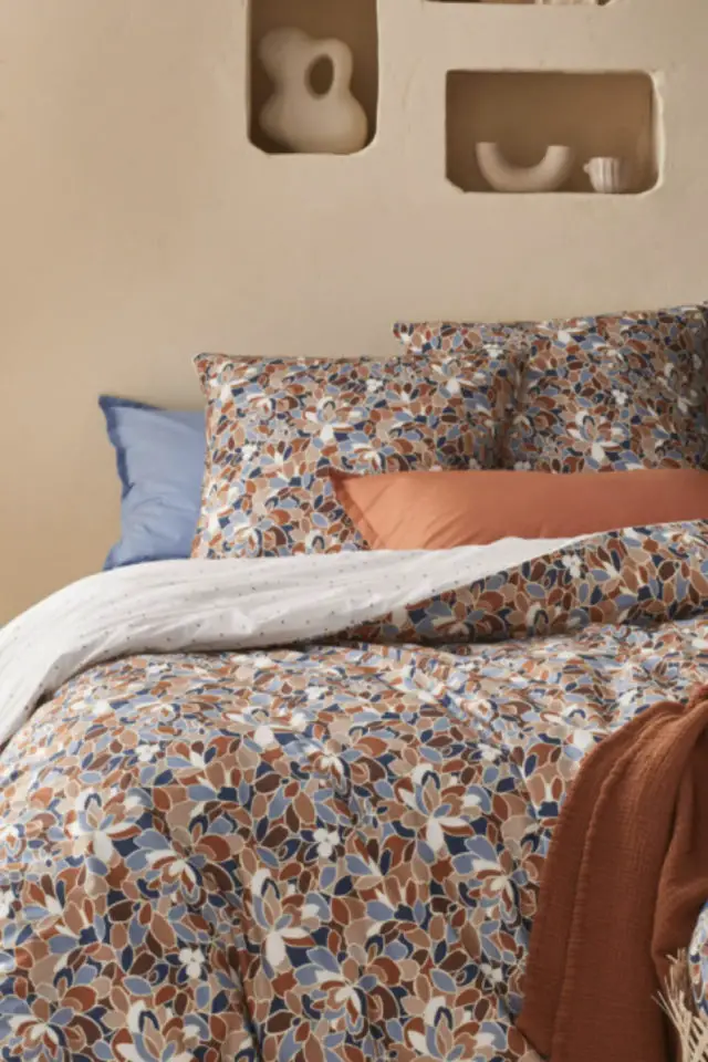 ou trouver parure lit motif floral Housse de couette en percale de coton orange et bleu 240x220 imprimé moderne floral