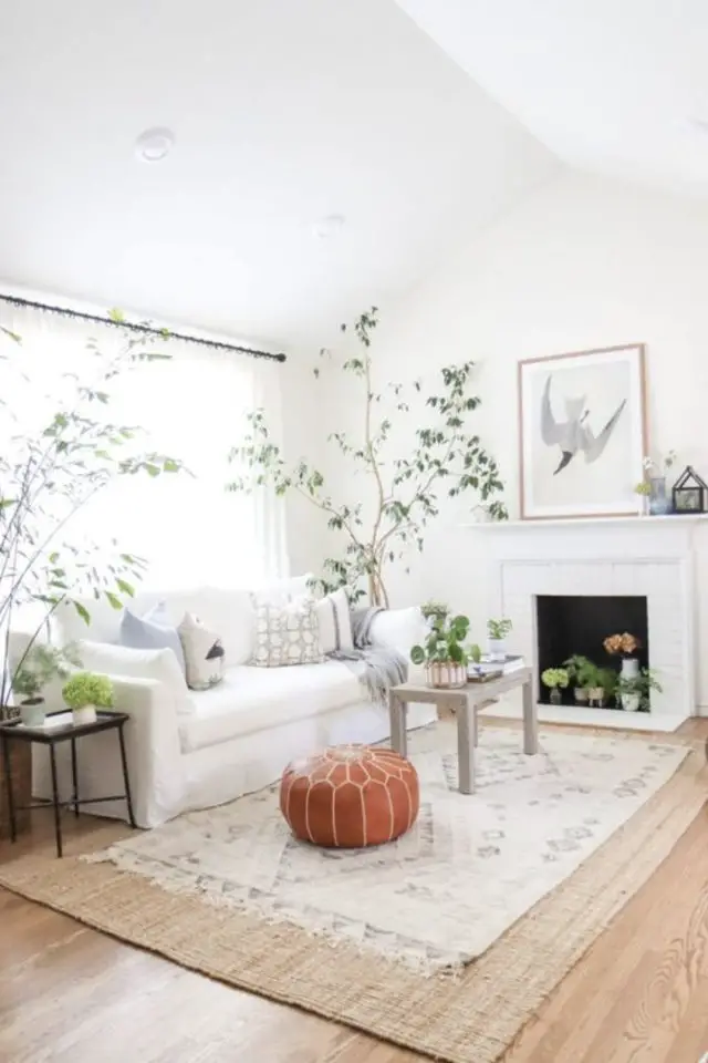 decor salon avec canape blanc cheminée grande baie vitrée tapis plantes vertes et pouf en cuir