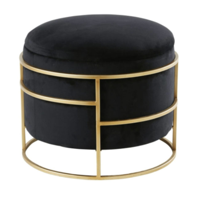 decoration petit meuble arrondi pas cher Pouf en velours noir et métal doré